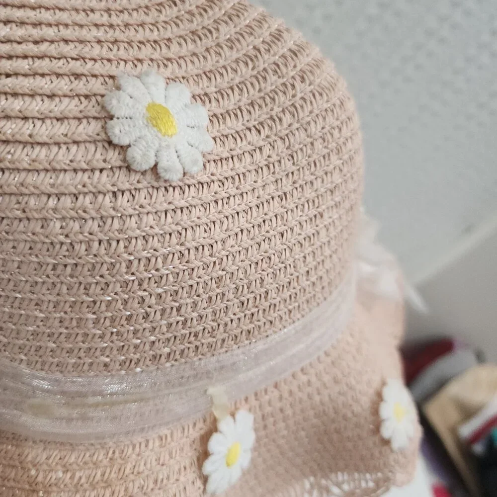 Vintage Blush Straw Sun Hat Floral Appliqué Ribbon Cottagecore Light Pink - Picture 6 of 9
